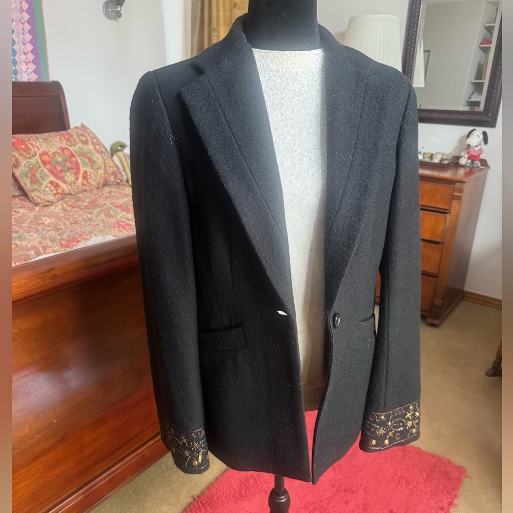 Barry Bricken Black Wool Jacket With Sequin Embroidered Detail On Sleeves